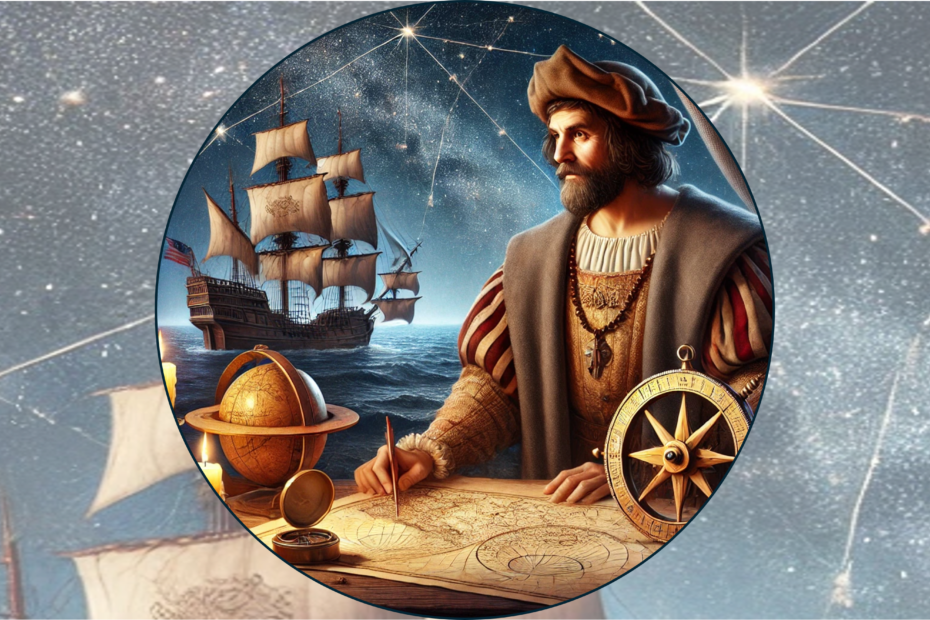 Illustration of Christopher Columbus working on maps with a caravel in the background.